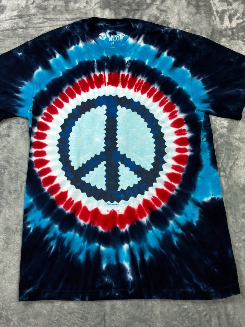 Liquid Blue Peace Sign Tie Dye T-Shirt Size Medium Red White Blue Hippy Retro